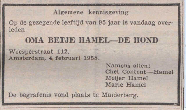 Betje Hammel-de Hond NIW 07-02-1958