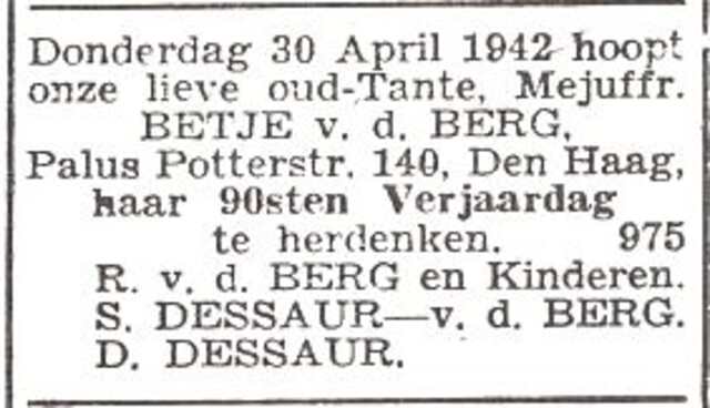 Aankondiging van de viering van de 90ste verjaardag van Betje van den Berg