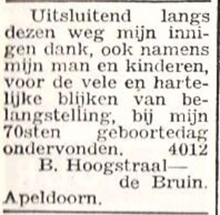 Dankbetuiging van Betje Hoogstraal-de Bruin