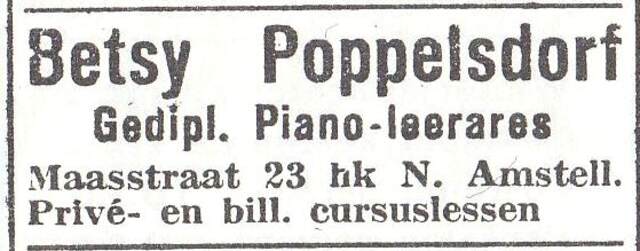 Advertentie van pianolerares Betsy Poppelsdorf