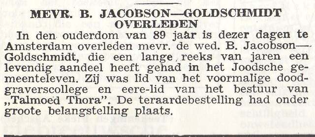 In Memoriam mw. Betty Jacobson-Goldschmidt
