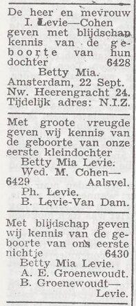 Bekendmaking van de geboorte van Betty Mia Levie