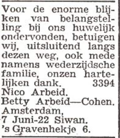 Dankbetuiging van Nico (Nathan) Arbeid en Betty Arbeid-Cohen