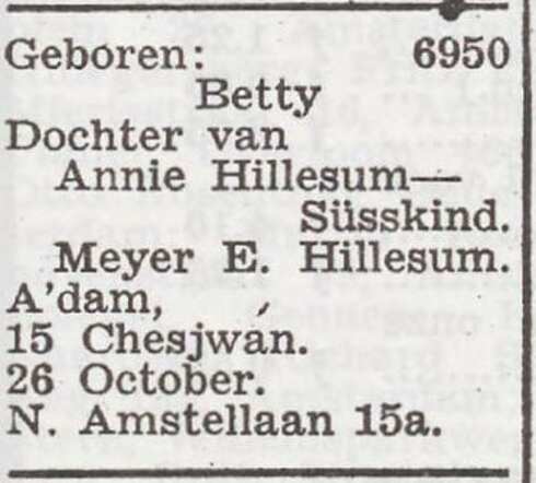 Bekendmaking van de geboorte van Betty Hillesum