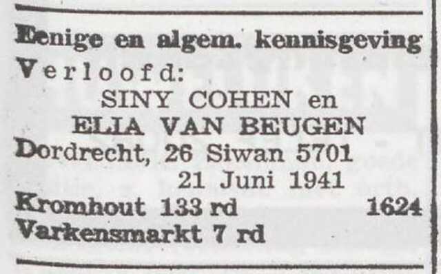 Bekendmaking van de verloving van Elias van Beugen en Sientje Cohen