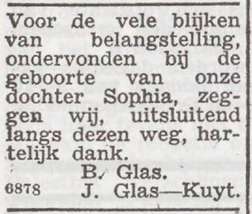 Dankbetuiging van het echtpaar Glas-Kuyt