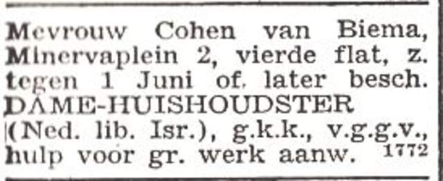 Advertentie van mw. Henriette Sophia Cohen-van Biema