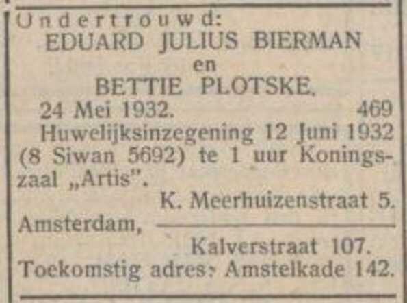 Advertentie van Eduard en Betje Bierman-Plotske.