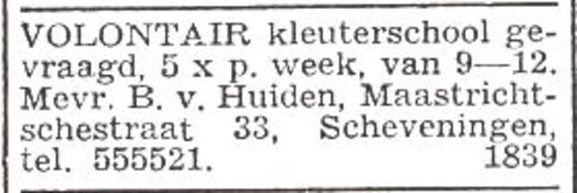 Advertentie van mw. Bina van Huiden
