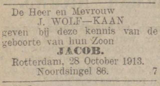 Birth of Jacob Wolf (1913)