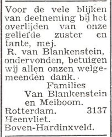 Dankbetuiging van de familie van Blankenstein en Meiboom