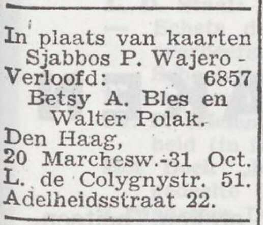 Bekendmaking van de verloving van Walter Polak en Betsy A. Bles