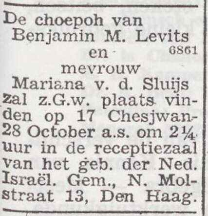 Aankondiging van de huwelijksinzegening van Benjamin Mozes Levits en Marianne van der Sluys