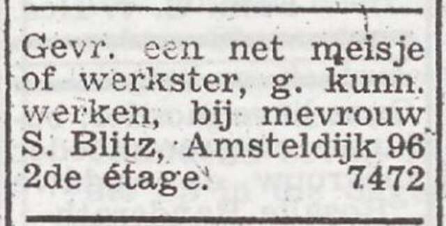 Advertentie van Klara Blitz-Roselaar