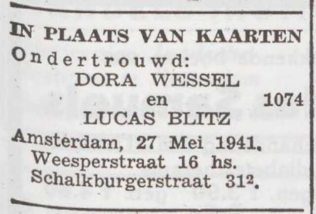 Bekendmaking van ondertrouw van Lucas Blitz en Dora Wessel