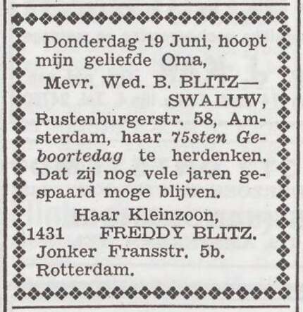 Aankondiging van de viering van de 75ste verjaardag van Bloeme Blitz-Swaluw