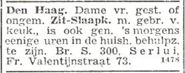 Advertentie 'te huur gevraagd' van Roosje Bloeme Serlui-Cohen