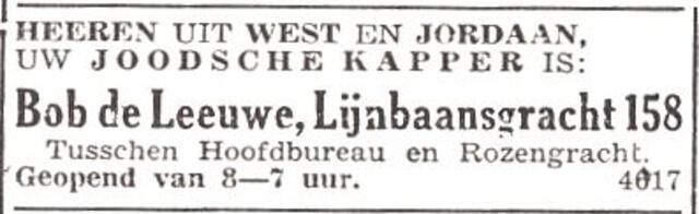 Advertentie van kapper Bob (Jozef?) de Leeuwe
