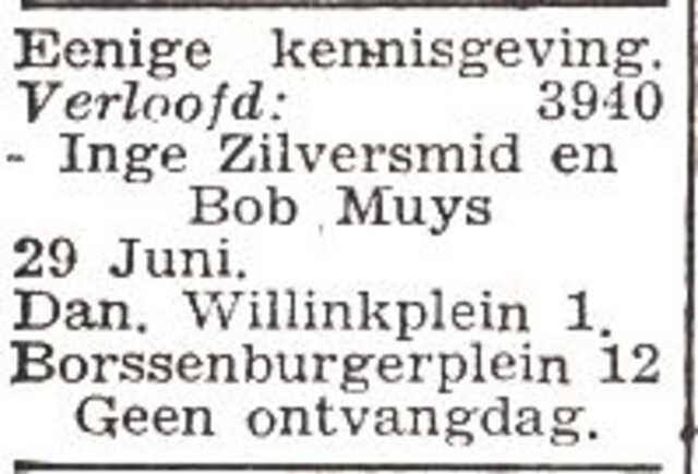 Vermelding van de verloving van Ingeborg Helena Zilversmit en Abraham (Bob) Muijs