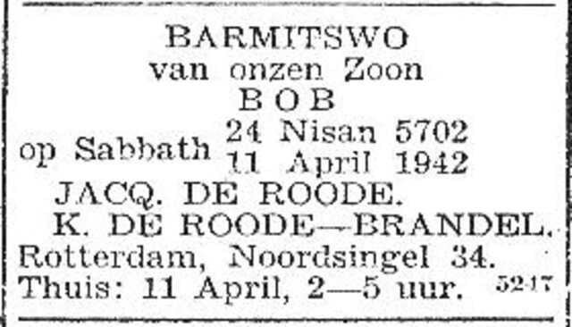 Aankondiging van de bar mitswa van Abraham Mozes Emanuel de Roode