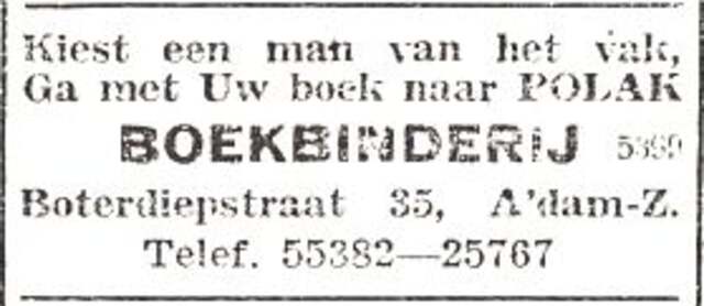 Advertentie van boekbinder Nathan Polak