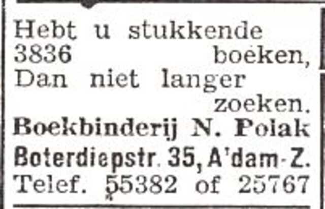 Advertentie van boekbinder Nathan Polak