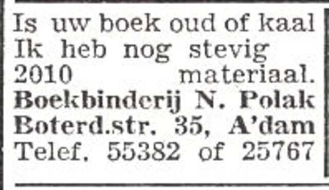 Advertentie van boekbinder Nathan Polak