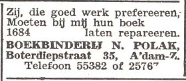 Advertentie van boekbinder Nathan Polak