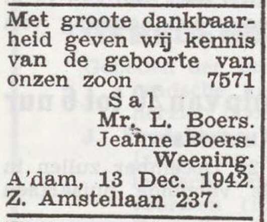 Bekendmaking van de geboorte van Sal Boers
