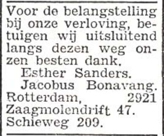 Dankbetuiging van Esther Sanders en Jacobus Bonavang