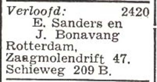 Vermelding van de verloving van Esther Sanders en Jacobus Bonavang