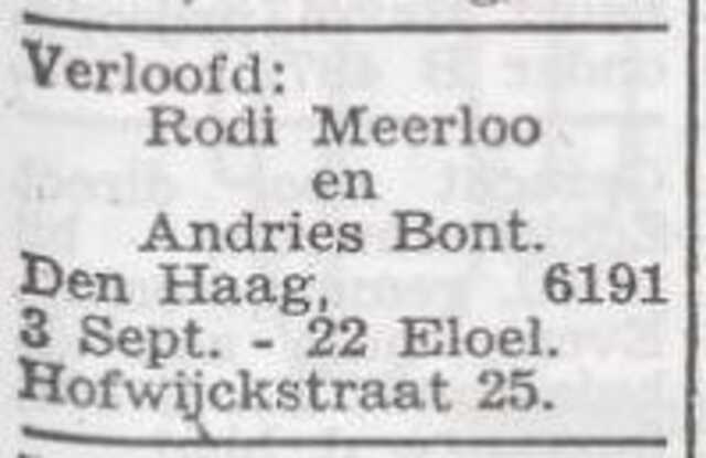 Bekendmaking van de verloving van Andries Bont en Rosette Meerloo