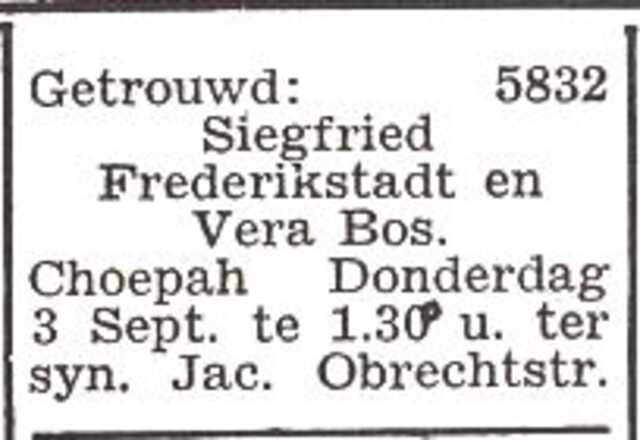 Aankondiging van de huwelijksinzegening van Siegfried Bernard Frederikstadt en Vera Bos