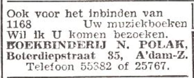 Advertentie van boekbinder Nathan Polak