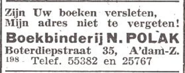 Advertentie van boekbinder Nathan Polak