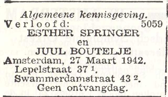 Vermelding van de verloving van Esther Springer en Juda Boutelje