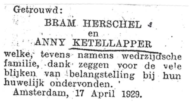 Dankbetuiging na het huwelijk van Bram Harschel en Anny Ketellapper