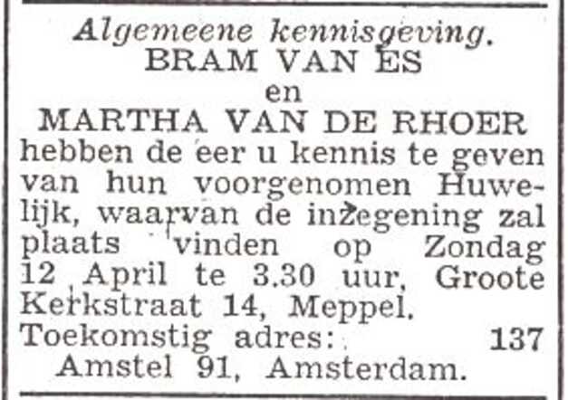 Aankondiging van de huwelijksinzegening van Abraham van Es en Martha van de Rhoer