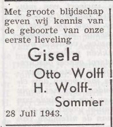 Bekendmaking van de geboorte van Gisela Branda Wolff