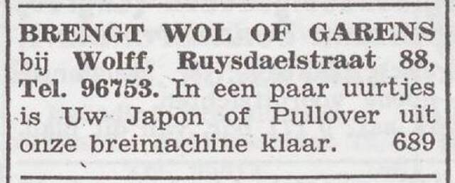 Advertentie van Fanny Wera Wolff