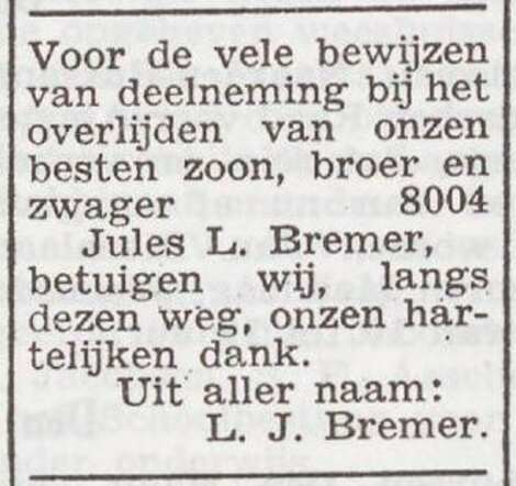 Dankbetuiging van de familie Bremer