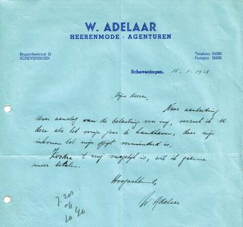 Brf aan kerkbestuur Wilhelm Adelaar (zoon eduard) over omslag  15-1-38