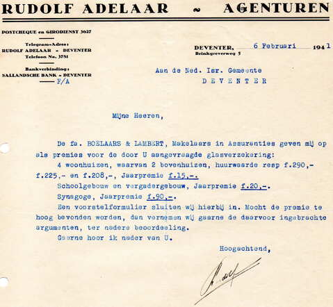 Brief Rudolf Adelaar aan joodse gemeente Deventer 1941