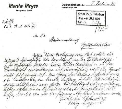 Brief van Moritz Meijer aan de gemeente Gelsenkirchen