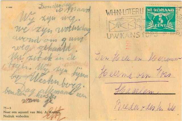 Uit de trein gegooide briefkaart van Etty Heerma van Voss