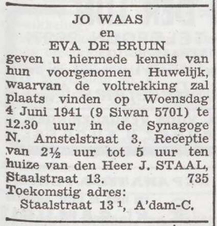 Aankondiging van de huwelijksinzegening van Joseph Waas en Eva de Bruin