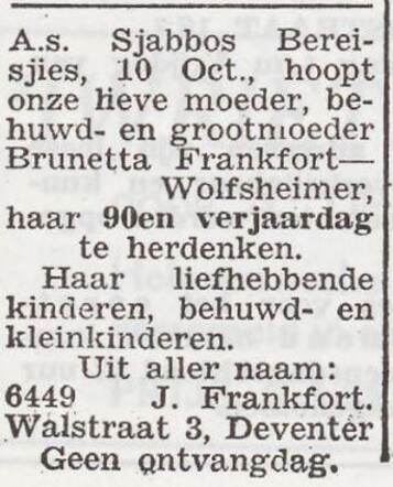 Bekendmaking van de 90ste verjaardag van Brunetta Frankfort-Wolfsheimer