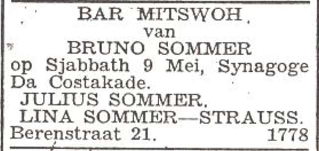 Aankondiging van de bar mitswa van Bruno Sommer