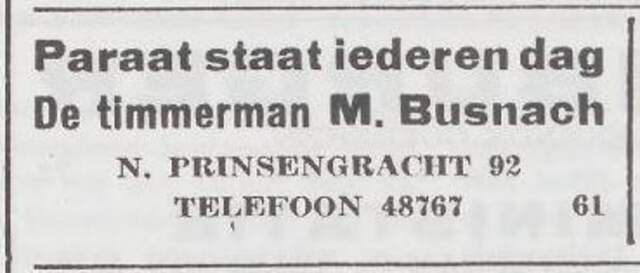 Advertentie van timmerman Mozes Busnach