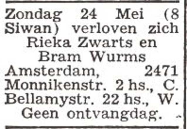 Aankondiging van de verloving van Rieka (Heintje) Zwarts en Abraham Wurms